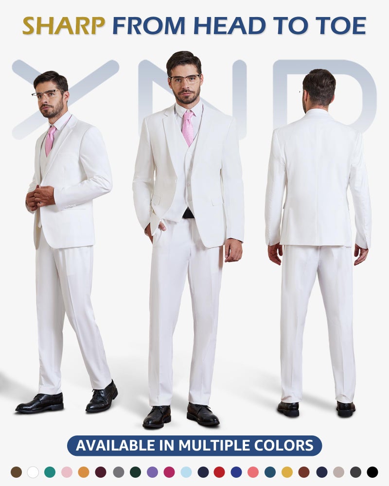 YND Men's 3 Piece Slim Fit Suit, One Button Solid Jacket Vest Pants Set with Tie, for Wedding Party Proms and Business, White - Image 2